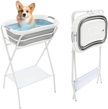 Dog Bathtub Small Dog Washing Station with Stand, Dog Bath Tub with Securely Fastened Safety Belt, Bottom Storage Rack for Store, for Small and Medium Size Dogs, Cats by LKOEWQZAMX