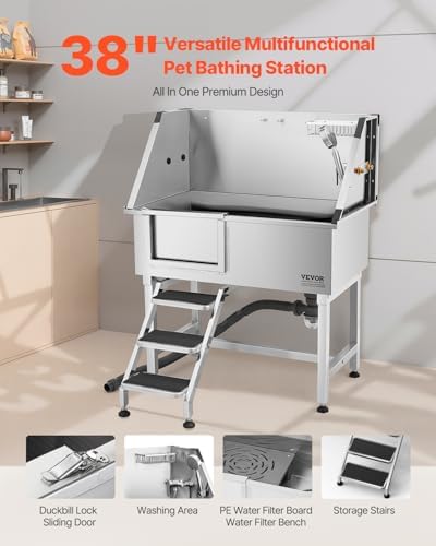 VEVOR 38 Inch Stainless Steel Dog Washing Station, Pet Grooming Tub with Hot & Cold Faucet, Showerhead, Home Wash Sink, Fits Small and Medium Cats and Dogs, Non-Slip Stairs (Left Door) - Image 2