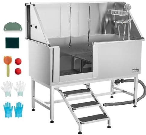 VEVOR Stainless Steel Dog Washing Station, Professional 62 inch Pet Grooming Tub w/Stairs, PE Water Filter Board, Faucet & Showerhead & Soap Holder Bathtub for Large & Medium & Small Pets (Left Door) by VEVOR
