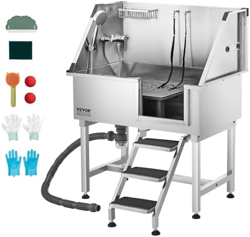 VEVOR 38 Inch Stainless Steel Dog Washing Station, Pet Grooming Tub with Hot & Cold Faucet, Showerhead, Home Wash Sink, Fits Small and Medium Cats and Dogs, Non-Slip Stairs (Right Door) by VEVOR