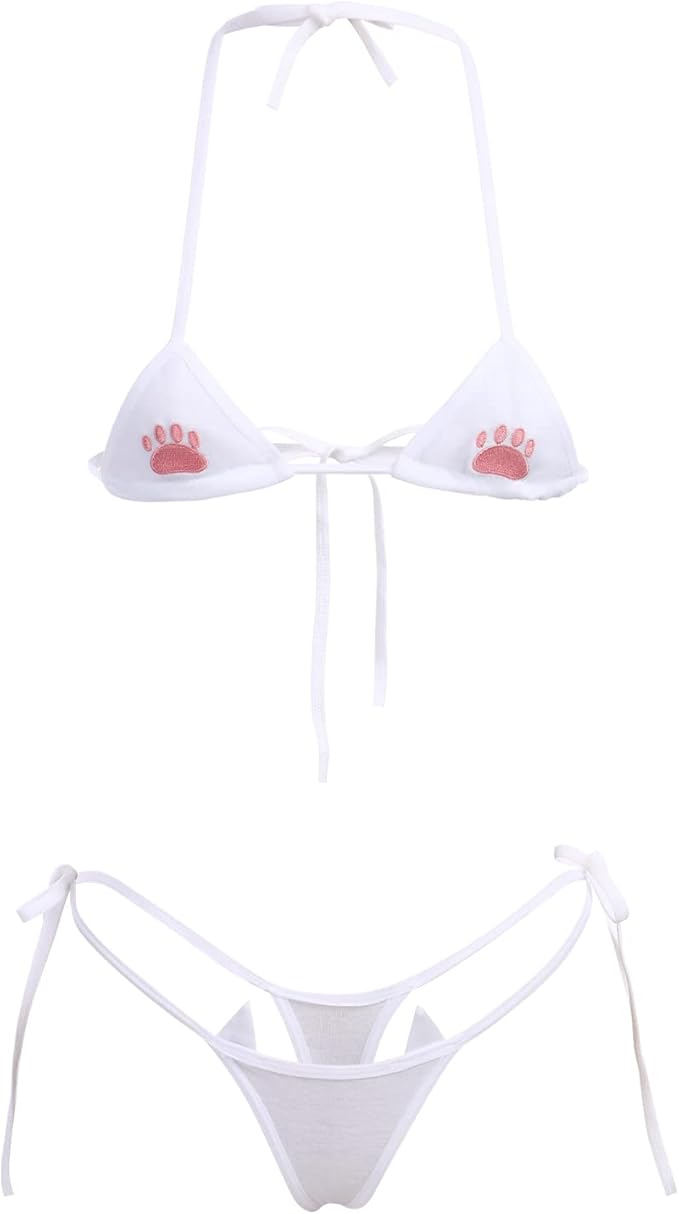 ABAFIP Womens Cute Kawaii Anime Cat Kitten Lingerie set Micro Bikini Strappy by ABAFIP