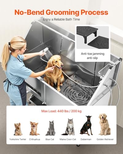 VEVOR Stainless Steel Dog Washing Station, Professional 62 inch Pet Grooming Tub w/Stairs, PE Water Filter Board, Faucet & Showerhead & Soap Holder Bathtub for Large & Medium & Small Pets (Left Door) - Image 4