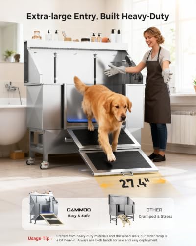 CAMMOO 50'' Dog Bathing Station - 304 Stainless Steel, Leak-Proof Deep Soak, Dog Bathing Station, 27.4" Wide Ramp, Swivel Wheels, Dog Grooming Tub, Piano-Key Faucet, 2 Drawers for Medium & Small Pets - Image 6