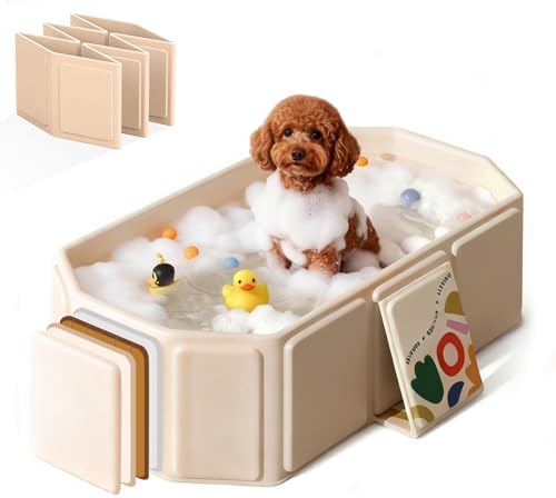 Foldable Dog Bathtub for Small to Medium Dogs & Cats, Collapsible Pet Bath Tub with Side Drain Plug, Portable Puppy Wash Tub, Rigid Panels, Fold-Flat for Carry & Storage by Unknown