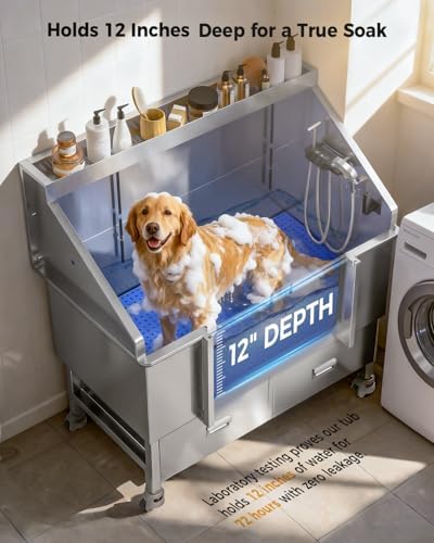 CAMMOO 50'' Dog Bathing Station - 304 Stainless Steel, Leak-Proof Deep Soak, Dog Bathing Station, 27.4" Wide Ramp, Swivel Wheels, Dog Grooming Tub, Piano-Key Faucet, 2 Drawers for Medium & Small Pets - Image 4