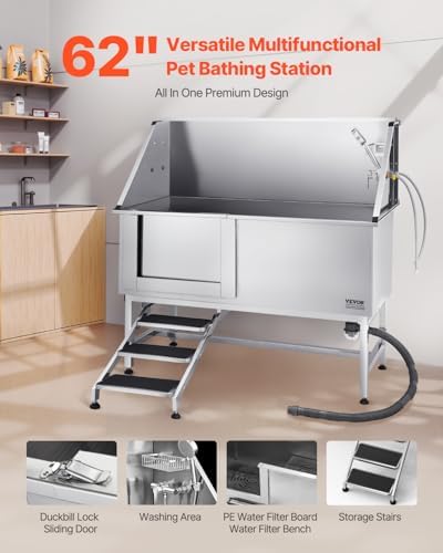 VEVOR Stainless Steel Dog Washing Station, Professional 62 inch Pet Grooming Tub w/Stairs, PE Water Filter Board, Faucet & Showerhead & Soap Holder Bathtub for Large & Medium & Small Pets (Left Door) - Image 2