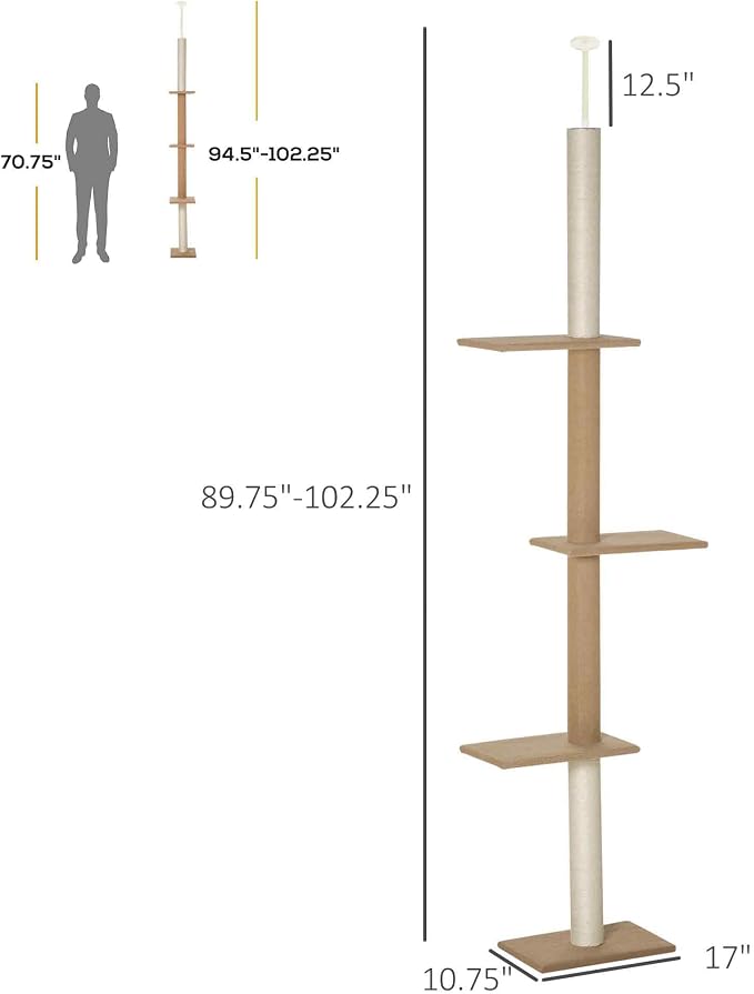 PawHut Floor-to-Ceiling Cat Tree Cat Climbing Tower - Image 7