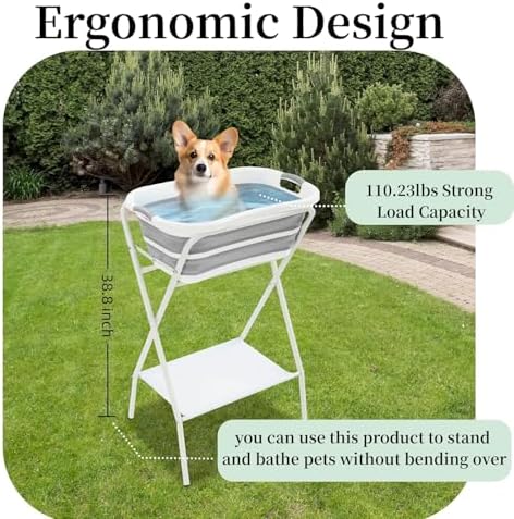 Dog Bathtub Small Dog Washing Station with Stand, Dog Bath Tub with Securely Fastened Safety Belt, Bottom Storage Rack for Store, for Small and Medium Size Dogs, Cats - Image 4