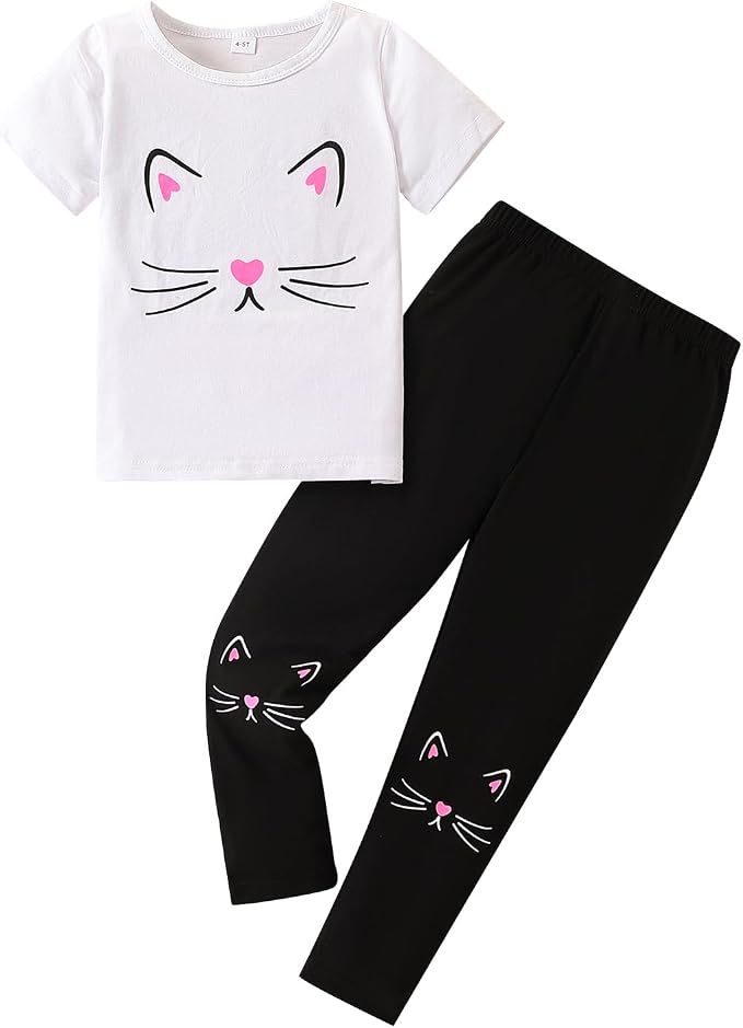 4-8T Toddler Girl Clothes Cat face print Short Sleeve Top+Pants Outfits Girl by Unknown
