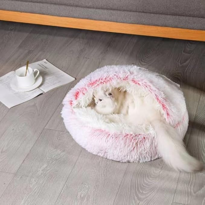 Cat Bed Round Fluffy Hooded Cat Bed Cave, Anti-Anxiety Cave Bed - Image 6