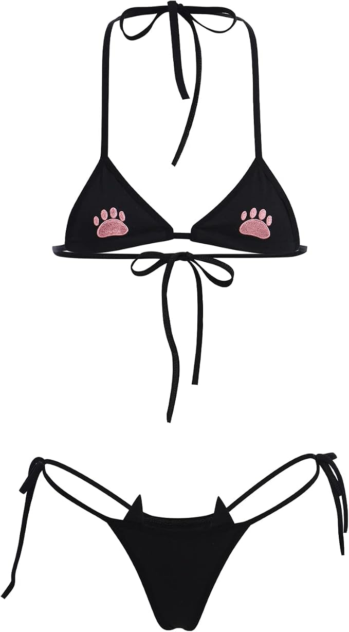 ABAFIP Womens Cute Kawaii Anime Cat Kitten Lingerie set Micro Bikini Strappy by ABAFIP