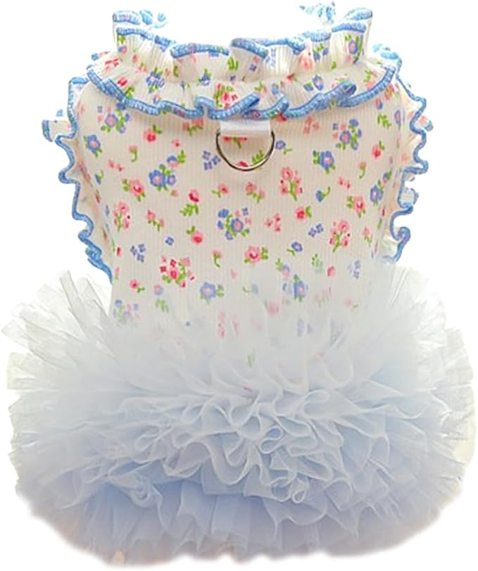 Floral Puppy Dress with D-Ring Ruffled Small Dog Clothes Female Spring Cat by Anelekor