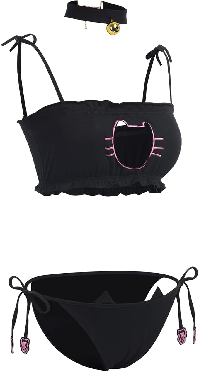 ABAFIP Womens Cute Kawaii Anime Cat Kitten Lingerie set Micro Bikini Strappy - Image 3