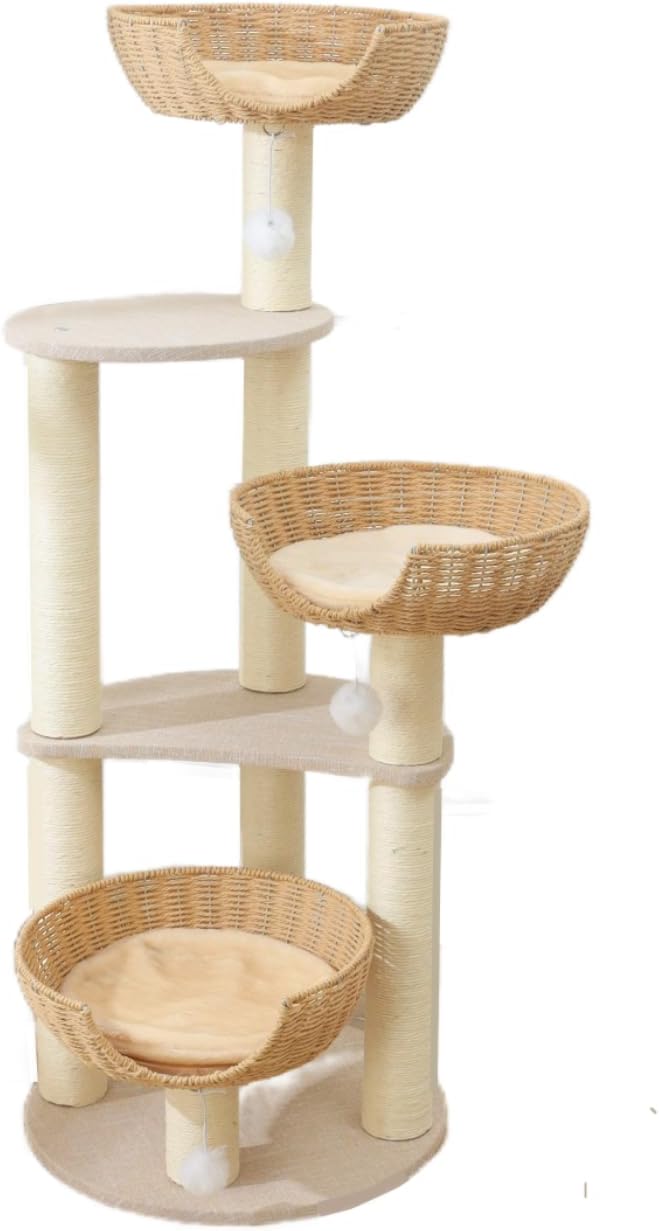 SHENGOCASE Modern Cat Tree Tower, Wooden Condo, 3 Large Rattan Wicker Basket by SHENGOCASE