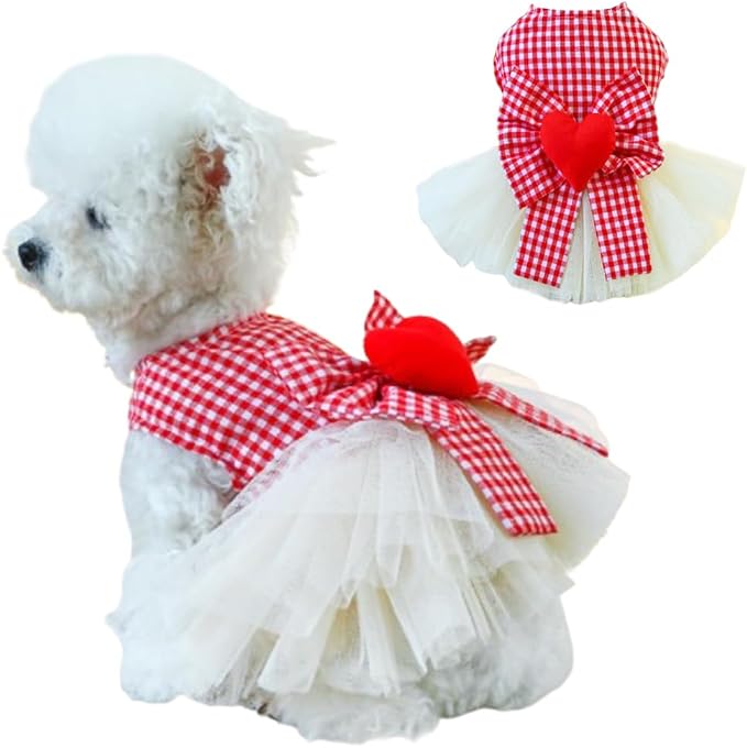 Plaid Small Dog Dress with Leash Ring Valentines Cat Outfit Dog Tutu Princess by Anelekor