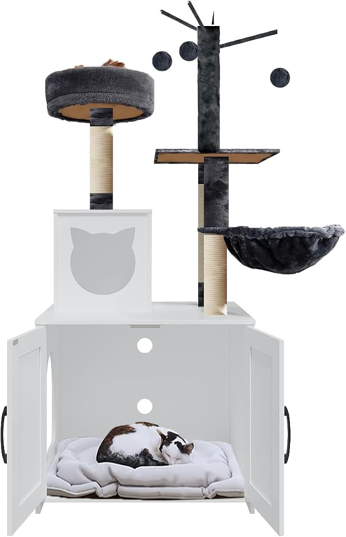 Cat Tree with Litter Box, Wood Litter Box Enclosure with Food Station, Modern - Image 7