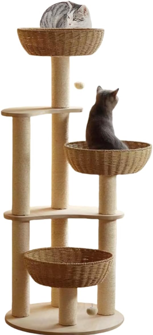 54" Large Modern Cat Trees, Luxury Rattan Oak Solid Wood Cat Trees Towers，3 by Unknown