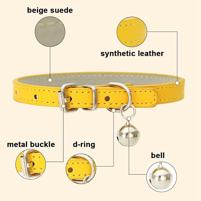Pink Small Dog Collar with Bell, Soft Pu Leather Cat Collars Adjustable Buckle - Image 4