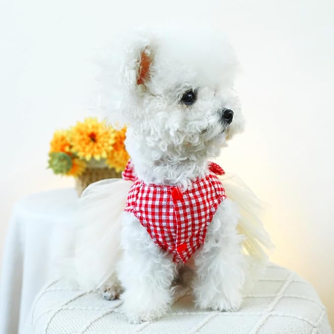 Plaid Small Dog Dress with Leash Ring Valentines Cat Outfit Dog Tutu Princess - Image 5
