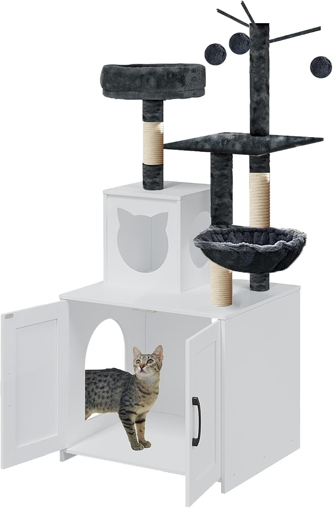 Cat Tree with Litter Box, Wood Litter Box Enclosure with Food Station, Modern by Unknown