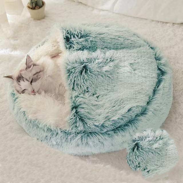 Cat Bed Round Fluffy Hooded Cat Bed Cave, Anti-Anxiety Cave Bed by Unknown
