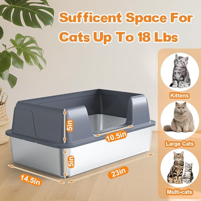 Vivifying Stainless Steel Cat Litter Box, XL Extra Large Semi-Enclosed Metal Pan - Image 2