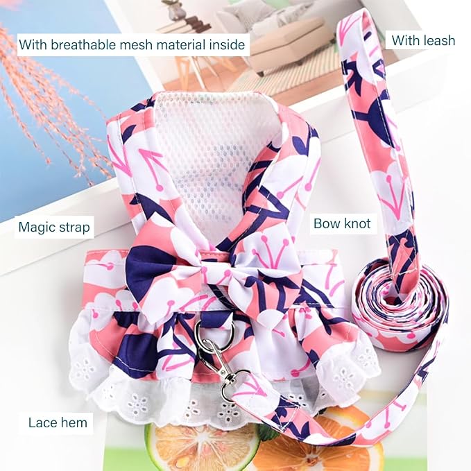 Dog Harness Dress for Small Dog Daisy Floral Dog Harness and Leash Set Bow Knot - Image 4