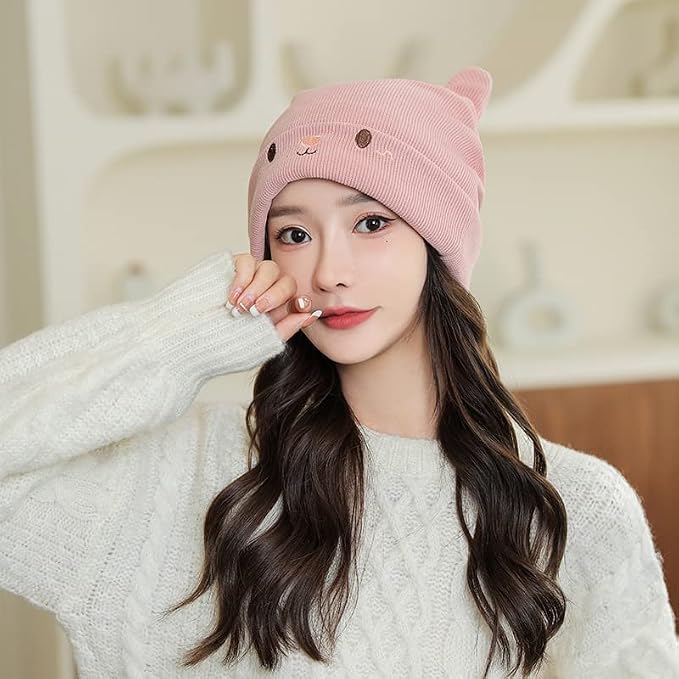 Women's Teen Girls Knitted Cat Kitty Cuffed Beanie Hat Winter Outdoor Stretchy - Image 2