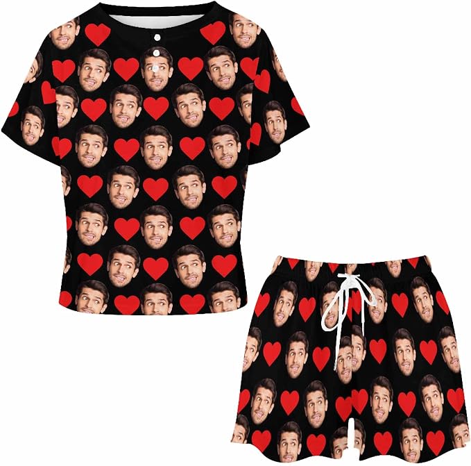 Custom Short Pajamas Set with Face Photo Women‘s Sleepwear Tee Personalized PJ - Image 4