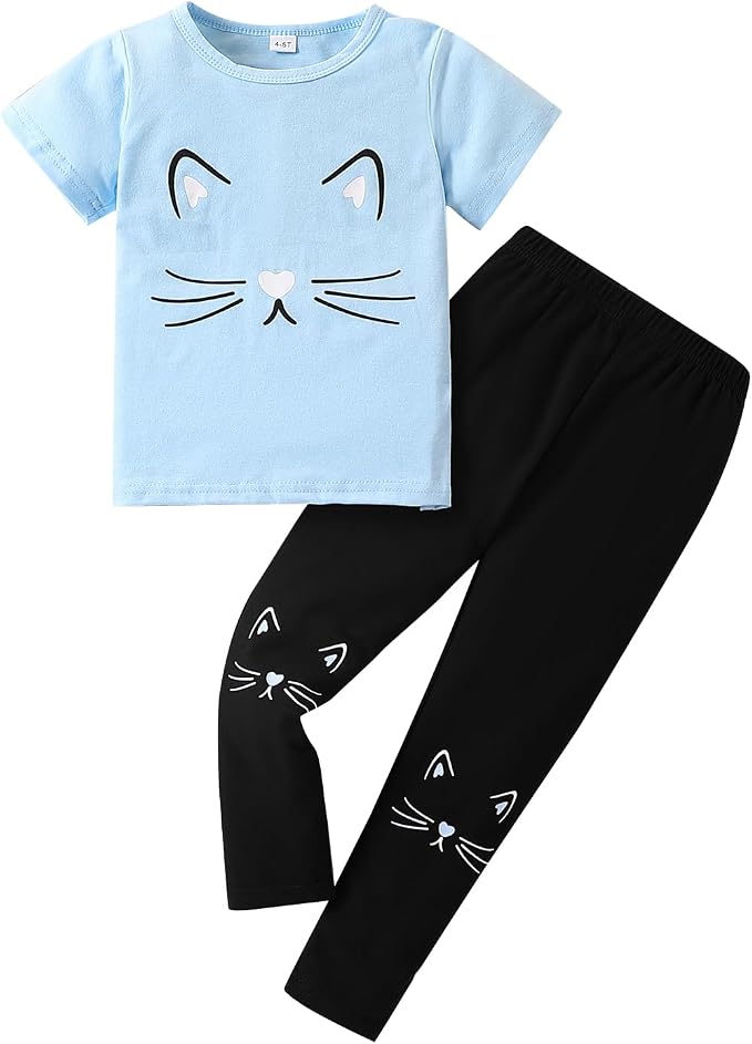 4-8T Toddler Girl Clothes Cat face print Short Sleeve Top+Pants Outfits Girl by Unknown
