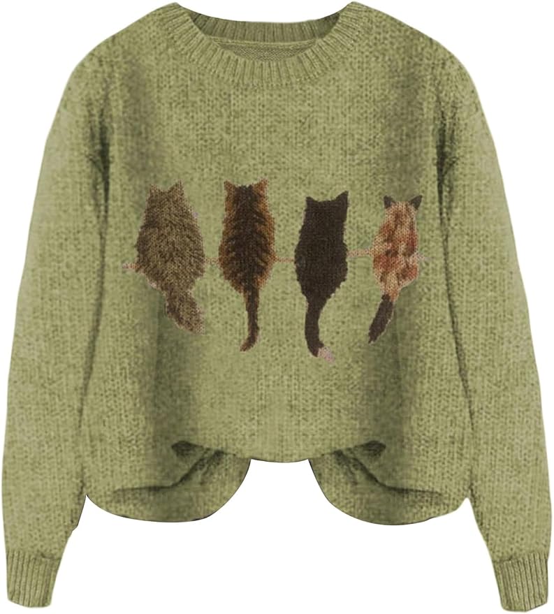 WDIRARA Women's Cat Graphic Sweater Long Sleeve Crew Neck Knit Tops Casual by WDIRARA