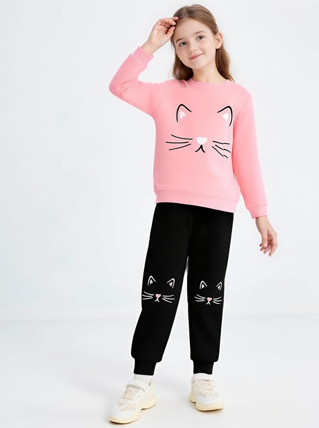 4-8T Toddler Girl Clothes Cat face print Short Sleeve Top+Pants Outfits Girl - Image 4