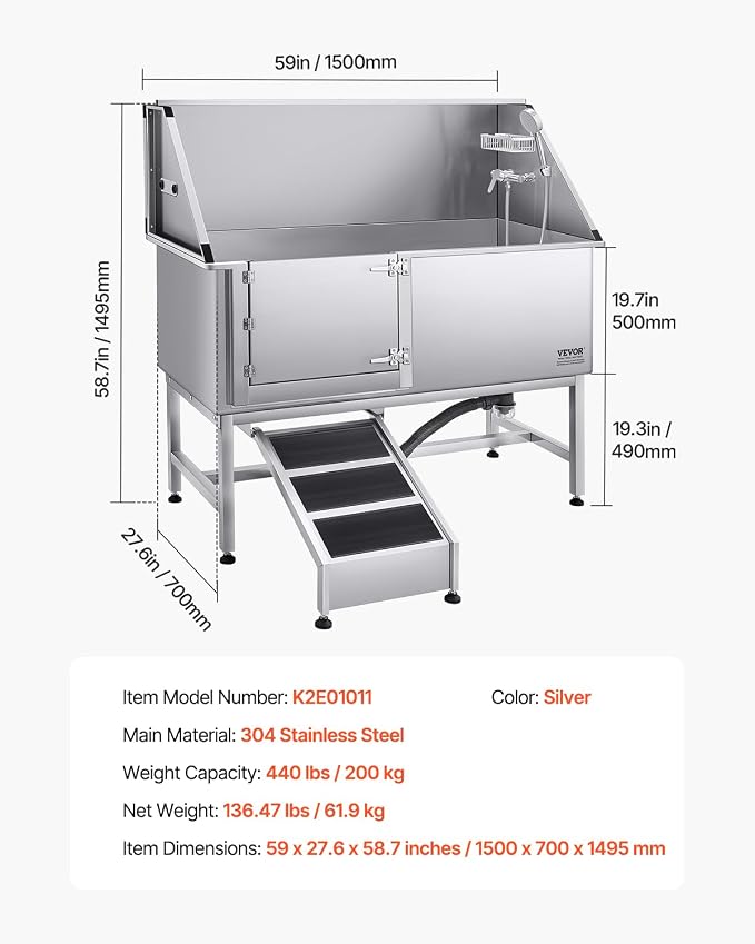 VEVOR Stainless Steel Dog Washing Station, Professional 62 inch Pet Grooming Tub w/Ramp, PE Water Filter Board, Faucet & Showerhead & Soap Holder Bathtub for Large & Medium & Small Pets (Left Door) - Image 7