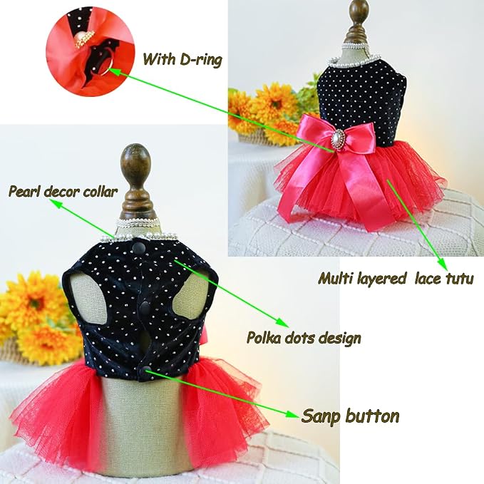Black Polka Dot Dog Dress with D-Ring, Puppy Wedding Attire - Image 3