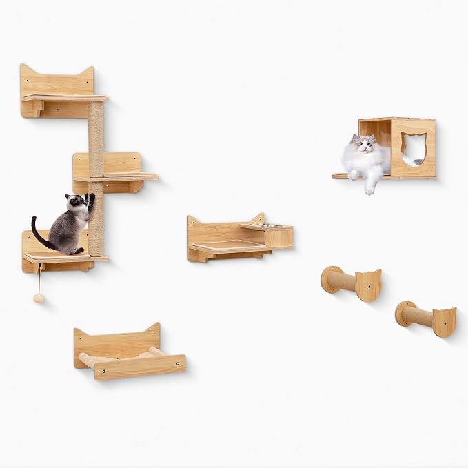 Tangkula Cat Wall Shelves, 6 Pieces Wooden Wall Mounted Kitten Furniture Set by TANGKULA