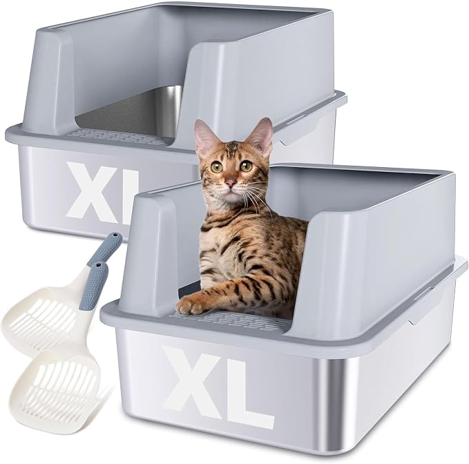 XL Stainless Steel Litter Box 2 Pack, Easy Clean, Non Stick & No Smell by Nyutu