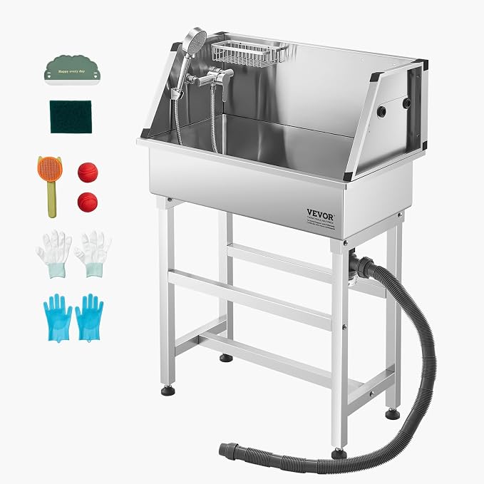 VEVOR Professional Dog Washing Station, 34 Inch Stainless Steel Pet Grooming Tub with Hot & Cold Faucet, Showerhead, Storage Rack, No-Bend All-in-One Bathtub, Home Wash Sink, Fits Small Cats and Dogs - Image 9