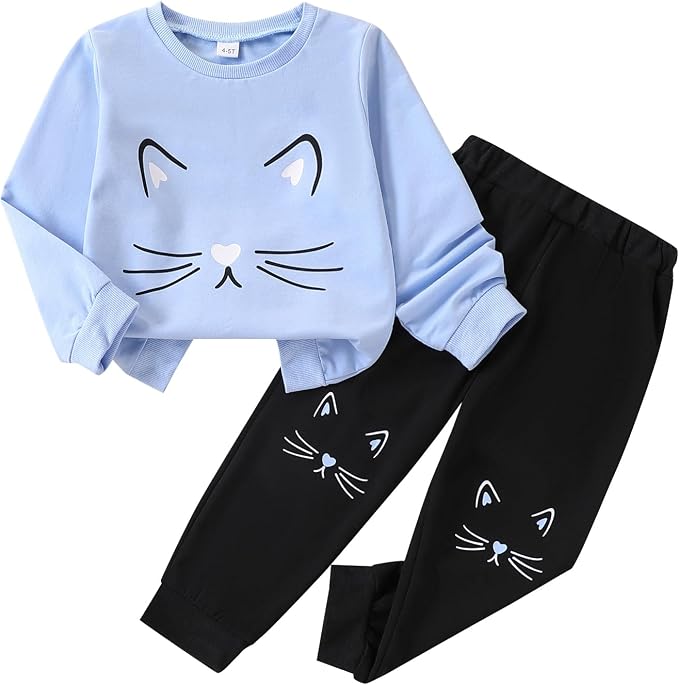 4-8T Toddler Girl Clothes Cat face print Short Sleeve Top+Pants Outfits Girl by Unknown