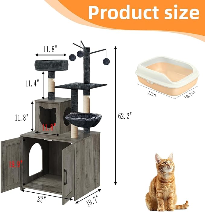 Cat Tree with Litter Box, Wood Litter Box Enclosure with Food Station, Modern - Image 2