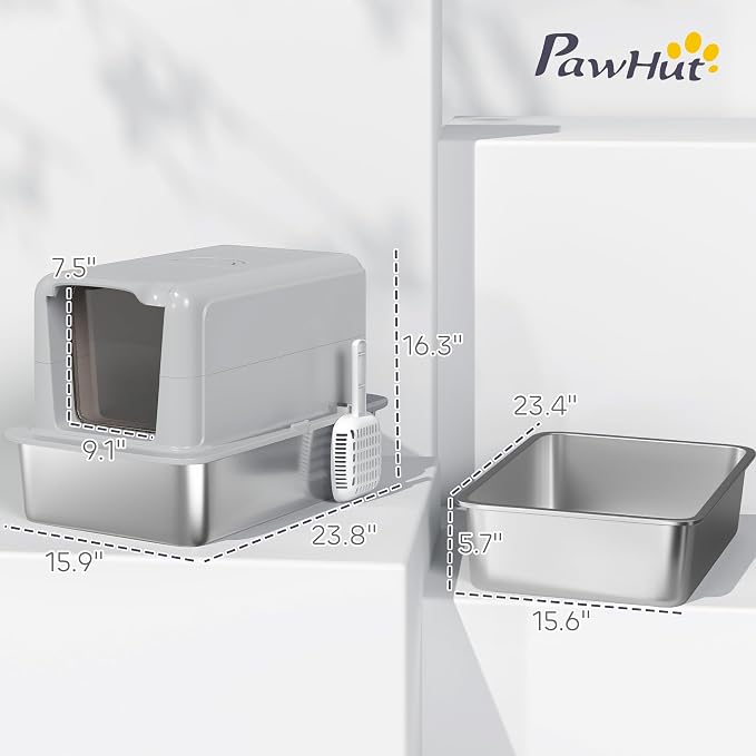 PawHut Stainless Steel Cat Litter Box, Extra Large 2 in 1 Metal Kitty Litter Pan - Image 7