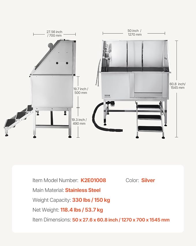 VEVOR Stainless Steel Dog Washing Station, 50 inch Pet Grooming Tub w/Stairs, PE Water Filter Board, Faucet & Showerhead & Soap Holder Dog Bathtub for Large & Medium & Small Pets (Right Door) - Image 7