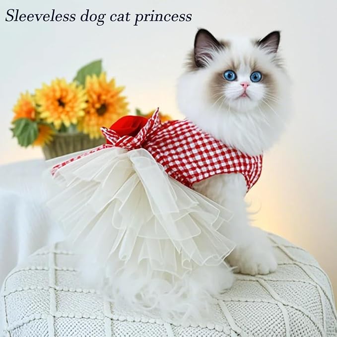 Plaid Small Dog Dress with Leash Ring Valentines Cat Outfit Dog Tutu Princess - Image 2