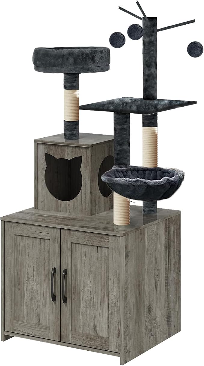 Cat Tree with Litter Box, Wood Litter Box Enclosure with Food Station, Modern - Image 7
