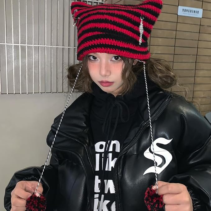 Y2k Beanies Crochet Knitted Cat Hats Goth Cross Devil Hat Striped Alt Emo - Image 4