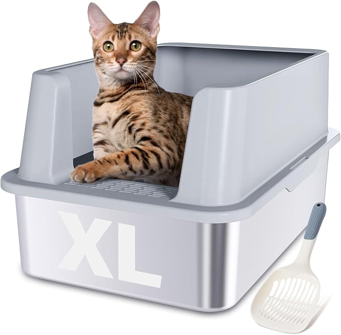 XL Stainless Steel Litter Box, Extra Large High Sided Metal Cat Litter Box by Nyutu