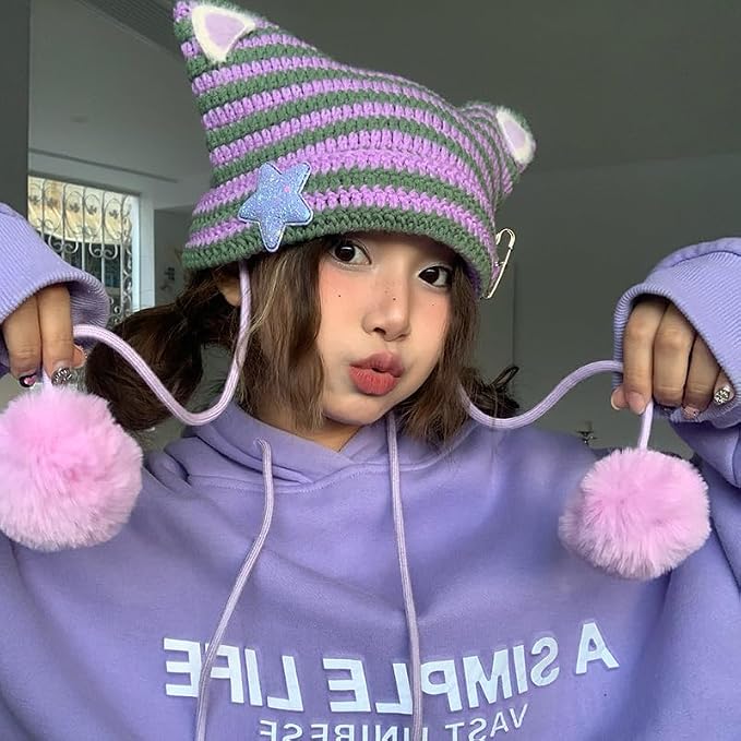 Y2k Beanie Cat Ear Gyaru Acubi Devil Crochet Hats Cute Kawaii Star Grunge - Image 2