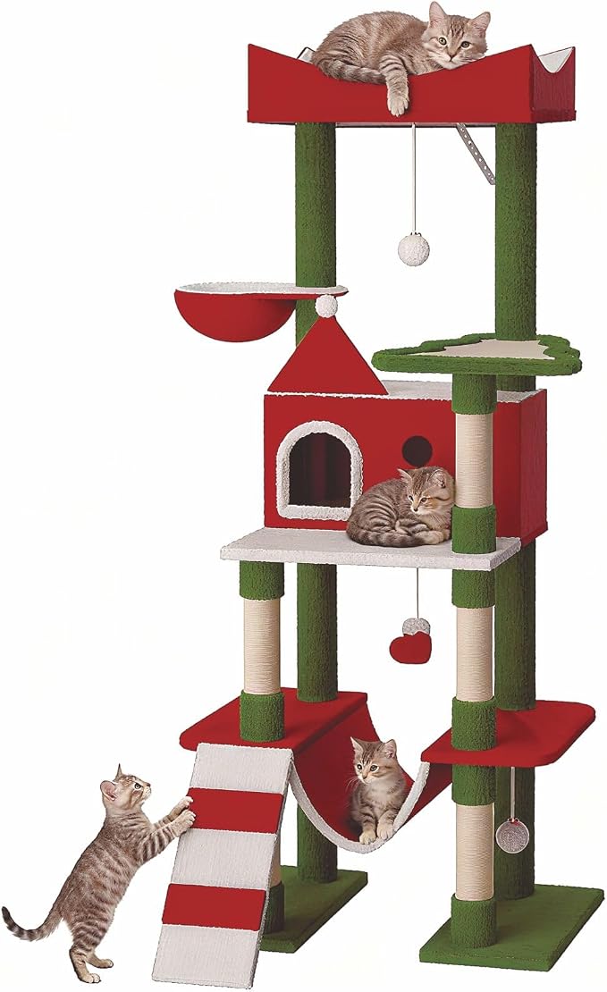 63" Large Christmas Cat Tree Tower Indoor: Tall Modern Cute Heavy Duty Cat by STILLCOVE