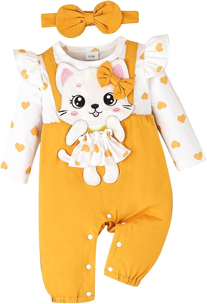 Baby Girl Clothes Newborn Romper Cute Cat Ruffled Long Sleeve Love Fall Winter by ComfortableBabyClothes