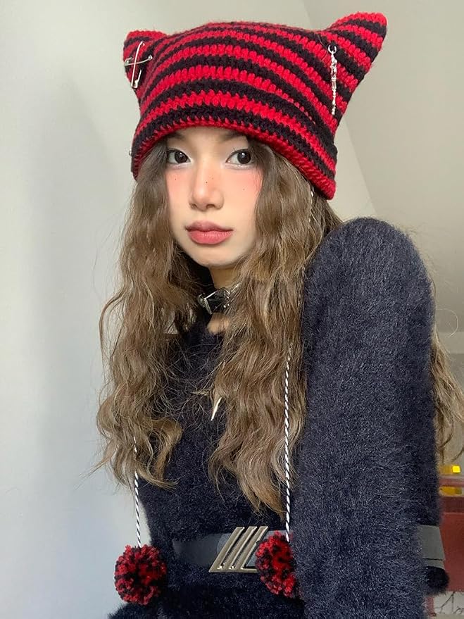 Y2k Beanies Crochet Knitted Cat Hats Goth Cross Devil Hat Striped Alt Emo - Image 2