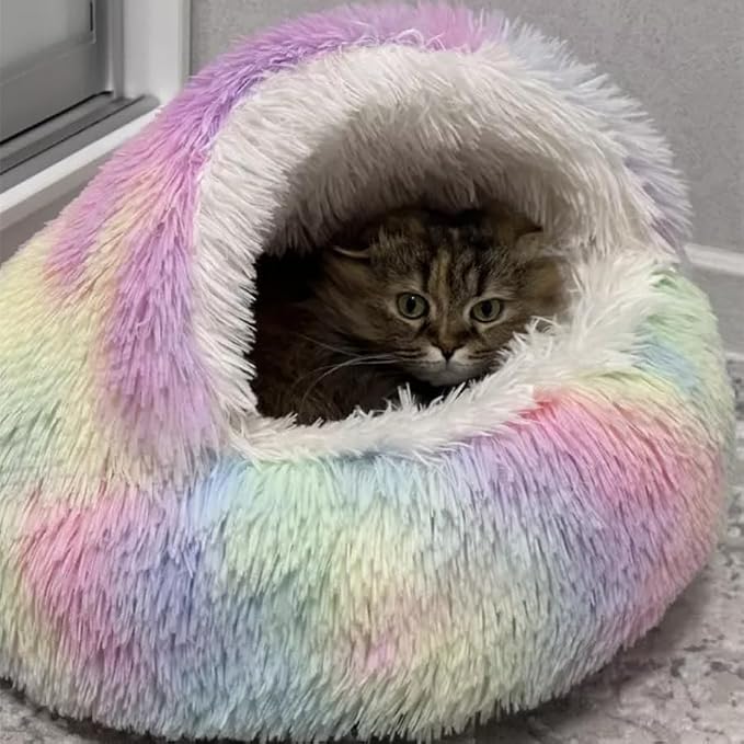 Cat Bed Round Fluffy Hooded Cat Bed Cave, Anti-Anxiety Cave Bed - Image 2